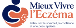 logo Mieux vivre l'eczéma avec lettrages du nom et symbole du c stylé façon personne qui etreint un coeur couleur peau avec des petits points faisant penser à de l'eczéma